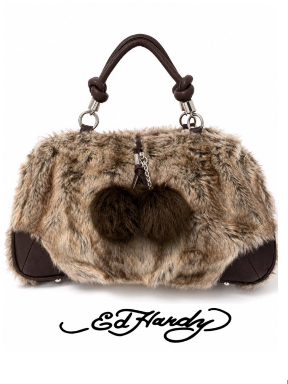 Ed Hardy Faux Fur Shoulder Bag Brown Y2K Pom Pom Multi Compartment Purse